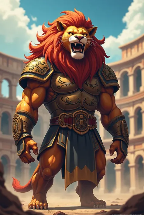 A gladiator lion in anime that says Mufasa on his chest