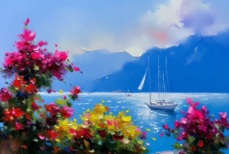  Painting made with a spatula , FIRST WORK,  sunny afternoon on Lake Geneva in Montreux, Switzerland in summer .  With beautiful flowers by the lake .