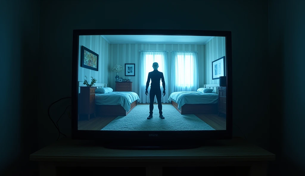  A television screen shows a pixelated video game that represents the players room itself, accurately recreated .  In the center of the virtual room ,  a humanoid creature with a pale, featureless face is standing.  The real room is illuminated by the glar...