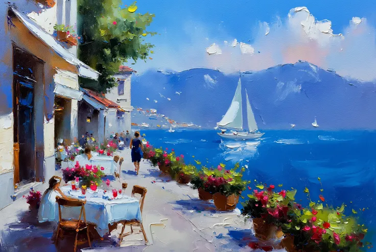  Painting made with a spatula , FIRST WORK,  sunny afternoon on Lake Geneva in Montreux, Switzerland in summer .  With beautiful flowers by the lake .