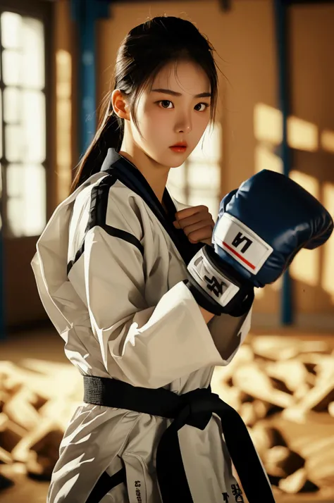  masterpiece,  ultradetail ,  highest quality ,  1 Korean taekwondo girl , Girl punches the sandbag in a taekwondo gym, Sandbag folded by her punch  