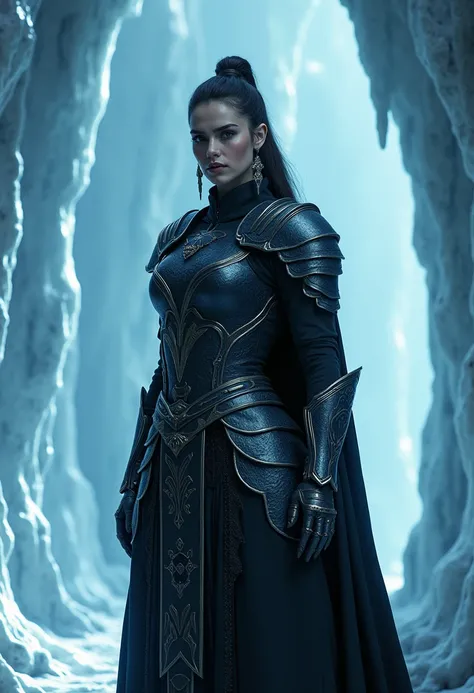 A female warrior standing against an icy backdrop. She is adorned in detailed, dark armor that contrasts with the shimmering ice around her. The warrior exudes a sense of strength and determination, with intricate earrings and gloves adding to her fierce a...