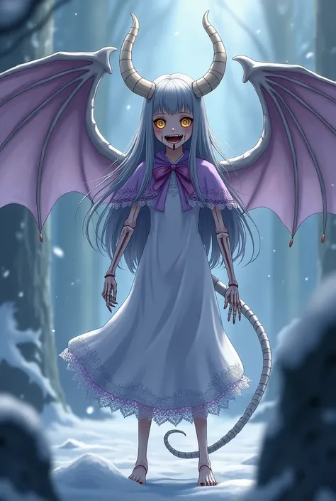 Female skeleton 、  Gray long hair 、 golden eyes、 bears a pair of long white dragon horns on its head、Long tail bone 、 A Pair of Huge Bone Wings 、Tall and thin、 small tits、Dress in white dress with light purple lace cape、barefoot、Bleeding Tears 、Crazy Laugh...