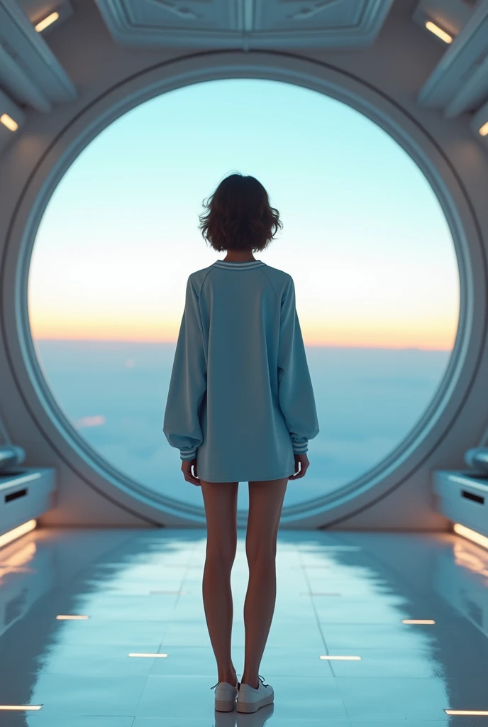 a woman with short, wavy dark hair and brown eyes in a light blue American athlete dress and white low-heeled shoes is standing on the neon and white floor of a large spaceship room and you can see the sunrise from over the planet outside the large window ...