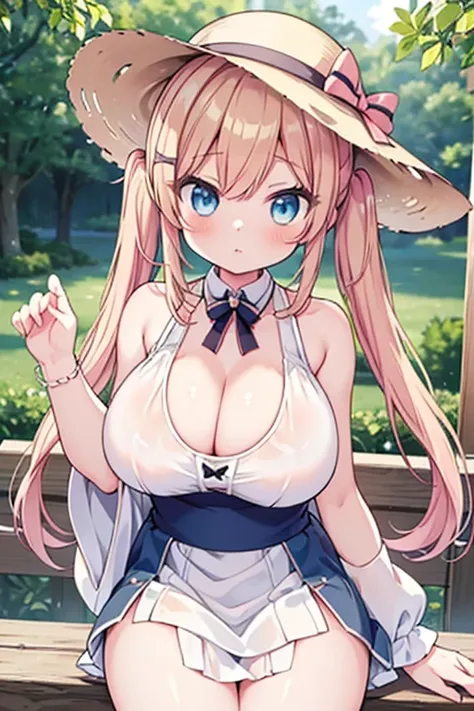 Highest quality,masterpiece,8k,Anime Style,Blondehair,pinkhair with blue eyes、camisole、race,White camisole dress micromini skirt,Cleavage,Side view,Large Breast,NSFW, Twin tails、Cute eyes,Sun hat(Sun hat),Japan daytime,Smooth thighs,Accentuate your breasts...