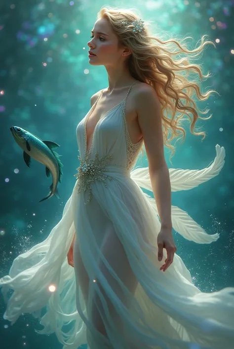  Create an image of what the Pisces zodiac sign would look like in a beautiful human girl full of magic and color, and that your animal represents the Pisces sign 