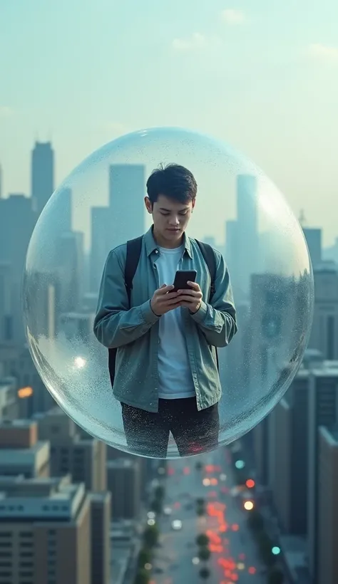 Generate an image of a   using a cell phone inside a bubble, While there is a busy city in the background 