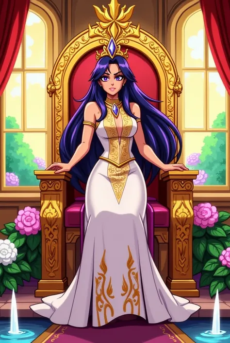 A powerful and charismatic woman, ruler of a kingdom of fertility and love. Her skin is a warm, glowing brown, and her long, flowing hair shines with deep, rich tones. Her striking violet eyes radiate wisdom and strength. She stands confidently in a regal ...