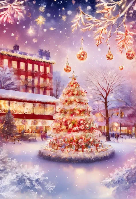  watercolor風 , postcard art,    ,    Christmas background image with lots of Christmas details ,    Detailed Christmas Decorations     ,   ライトグリーンがかったブルーの  gradient background  ,    white、 pink、pale red orange    , "   Merry Christmas   ",   Blurred Backgr...