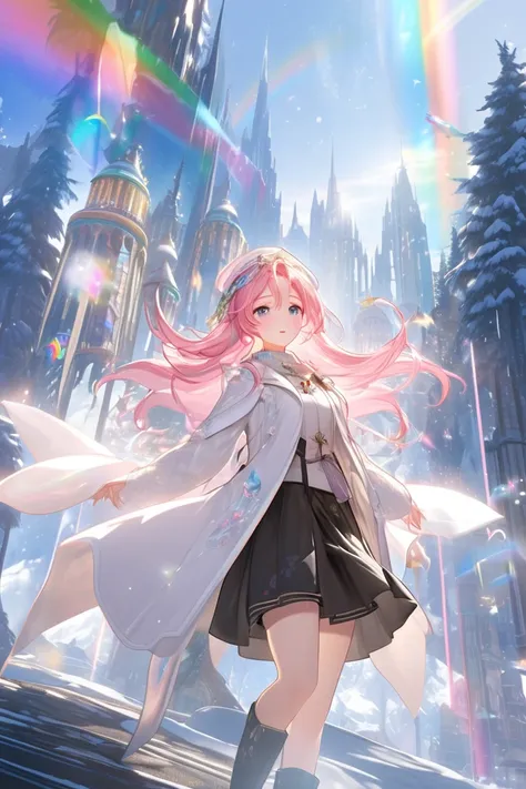  top quality , Super fine, 16k, 2.5D,  Delicate and Dynamic Depiction ,winter, long coat, black shorts , long boots、 flying in the sky,pink long hair,Play sacred sounds with beautiful game characters singing voices,  Transparent, translucent, and rainbow-c...