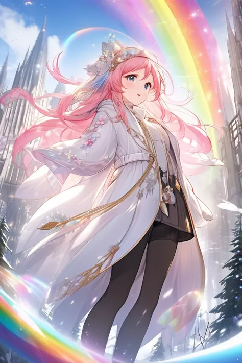  top quality , Super fine, 16k, 2.5D,  Delicate and Dynamic Depiction ,winter, long coat, black shorts , long boots、 flying in the sky,pink long hair,Play sacred sounds with beautiful game characters singing voices,  Transparent, translucent, and rainbow-c...