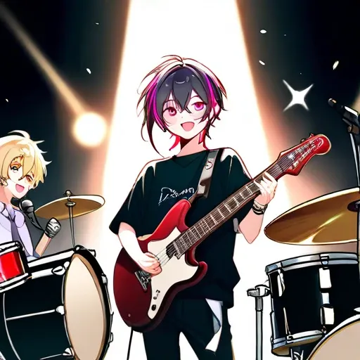  heavy metal band playing scene、 full picture、Pull composition、Slightly oblique from the front 、The vocalist is young 、 the vocalist has a microphone with a microphone stand、Guitarist, vocalist, bassist, drummer, everyone can be seen