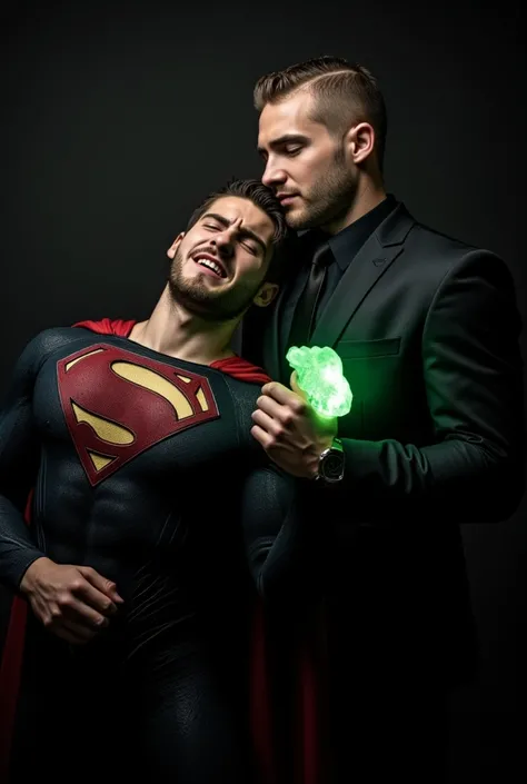 Portrait-style image featuring two men against a dark background. The man on the left has his back leaning on  the chest of other man, he looks like Cody Christian dressed in a Superman costume, characterized by a blue suit with a large red and yellow S em...