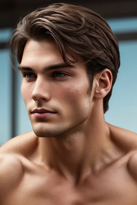  A young adult man,  with dark brown hair , half wavy,  and his face has an oval shape ,  with raised cheekbones and very light blue eyes .  Its cheeks are slightly pink. Its mouth is oval ,  with full lips and a discreet scar on the corner of the cheek.  ...