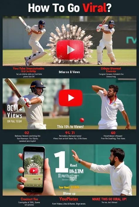 1. Split Screen Effect:

On one side: A batsman hitting a massive six (action shot).

On the other side: A YouTube view counter skyrocketing or showing "1M+ Views."

Bold text: "How to Go Viral?"



2. Explosion of Reels:

A cricket ball shattering the You...