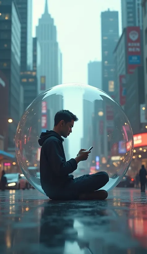 Generate an image of a   using a cell phone inside a bubble, While there is a busy city in the background , The  is sitting inside the bubble using a cell phone