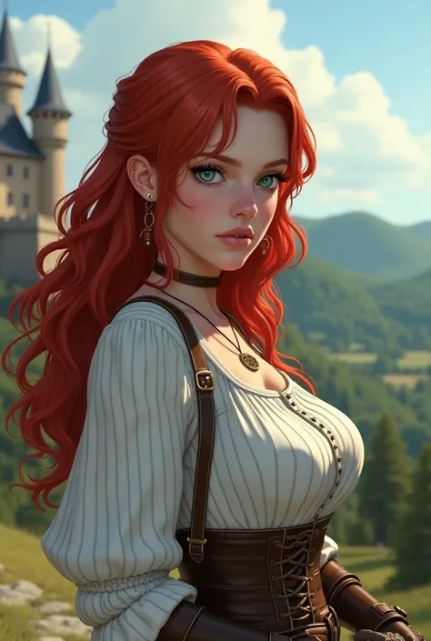  Triss merigold 30 year old girl, Alone, green eyes with black shadow ,  Looking at the spectator , breasts, Gloves,  white striped shirt,  session,  red hair, ,  outdoor, sky, day, Scenery, castle,  full body hair drill