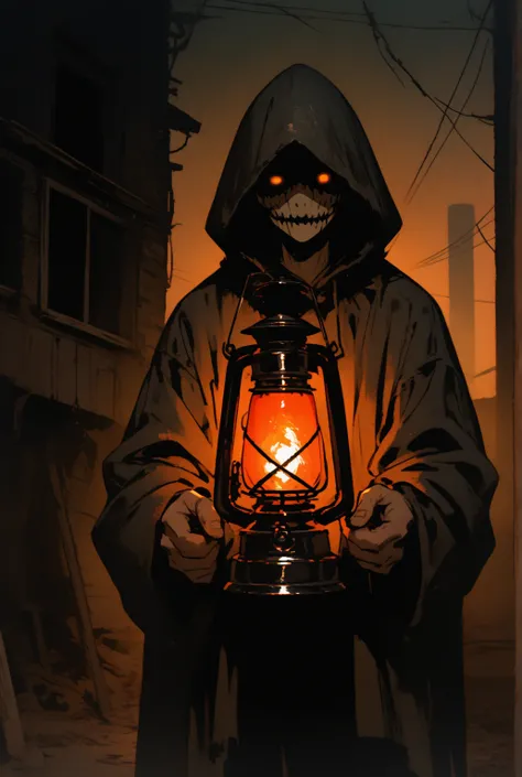 The image of a boy wearing a hood holding a lantern in the evening is dark and scary.