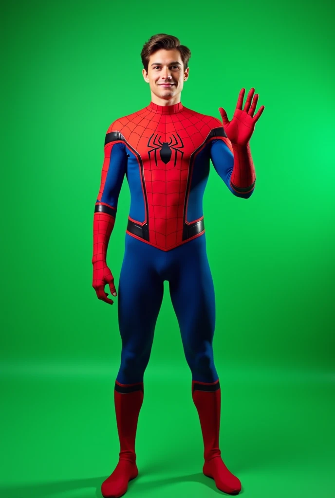 peter parker, wearing the hero&#39;s costume, without mask,  full body,  looking in front of the camera, waving with the left hand. green chroma key background