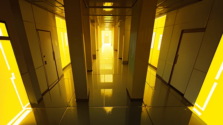 backrooms, liminal Space, suspicious atmosphere ,  Irregular channel, (windowless space), (maze, maze like space), Yellow Wall, yellow floor ,  countless fluorescent lights, intricate passageways, passageway that stretches sideways