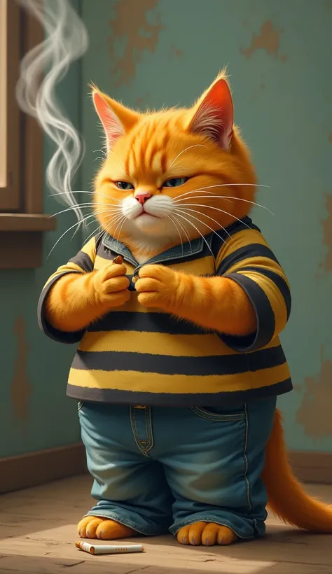 At that moment, Fat yellow chubby Cat, dressed in his striped shirt and jeans with a cigarette in his mouth, came over. He paused for a moment, reflecting on his behavior and realizing his mistake.