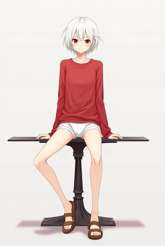 Anime boy wearing a plain red switer et and plain white underwear with short white hair and red eyes, short pants, wearing sandals, Sitting on the iron