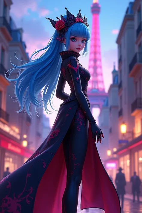 image of Furina de Fontaine, keeping her original outfit from Genshin Impact, placed in a vibrant, slightly futuristic Paris setting in Miraculous Ladybug: Tales of Ladybug and Chat Noir.