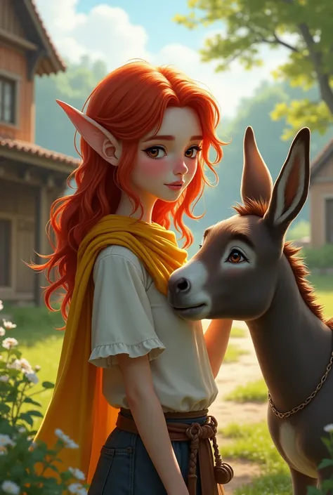 (Young and beautiful red haired woman wearing a White top and a Yellow scarf. She is petting a Donkey in a farm. She has pointed elf-like ears.