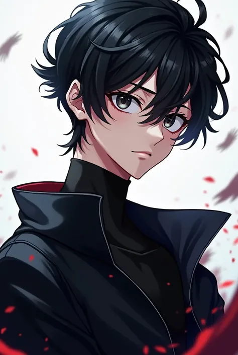 anime male teenager with black outfit, he is naughty but handsome, he has black hair and black eyes 