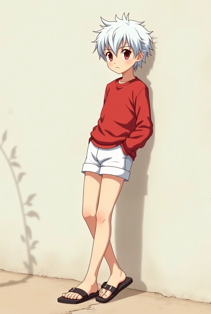 Anime boy wearing a plain red switer et and plain white underwear with short white hair and red eyes, short pants, wearing sandals, Leaning against the wall