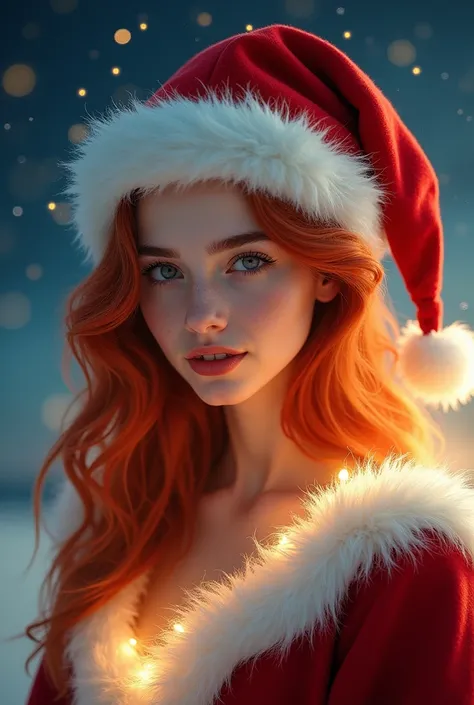 Santaclaus in her 20s without beard, beautiful eye, masterpiece, high quality, red hair, beautiful background, night time, shine from the back, stars at the background, santa cloth, santa hat, only show above chest