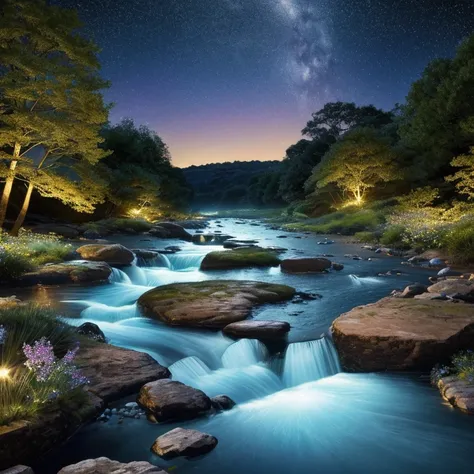 ( high res,  realistic , 4K,  super detailed , masterpiece:1.2) Water flowing in a quiet river ,   Milky Way sparkling in the night sky 、Moon trembling on the surface of the water , Milky Way reflected on the surface of the water 、 jellyfish drifting in th...