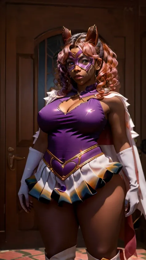 30 year old Ebony woman, wearing a one piece rose gold superheroine costume mini dress with purple pleated mini skirt, purple matching capelet, purple and rose gold gauntlets, purple and rose gold superhero boots, matching hems and trims, matching domino h...