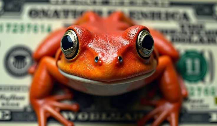 Create me an American one-dollar bill with the face of a red frog in the center