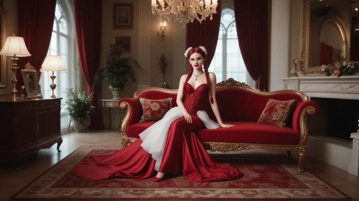 A young woman with braids smiles playfully, seated on a lavish, ornate rug in an elegant room. The room features rich wood floors, vintage decor, and opulent furnishings, including red velvet chairs. Soft, natural light filters through draped curtains, cre...