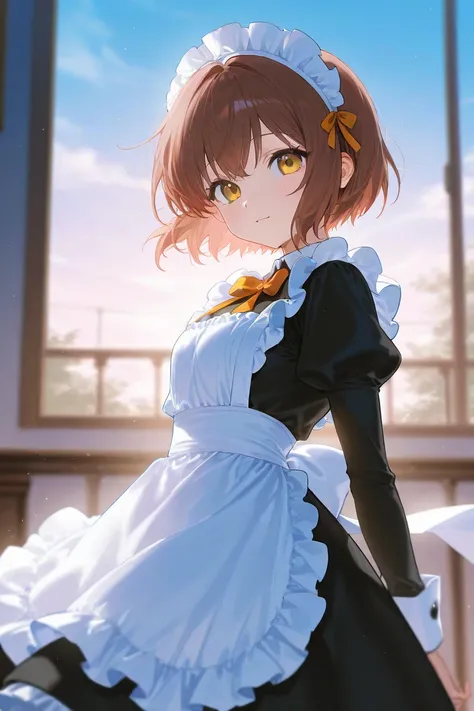  Create an anime girl with short hair, blue and in maid clothes  