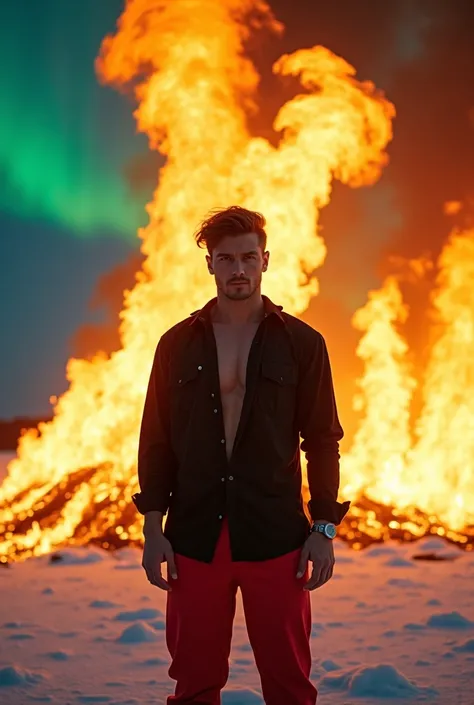 Ultra-wide angle shot from a distance: A 30-year-old man stands in a snow-covered field amidst towering flames casting a golden glow on his athletic physique. The flames engulf his black open-shirt with undone buttons, its fabric ablaze as he gazes directl...