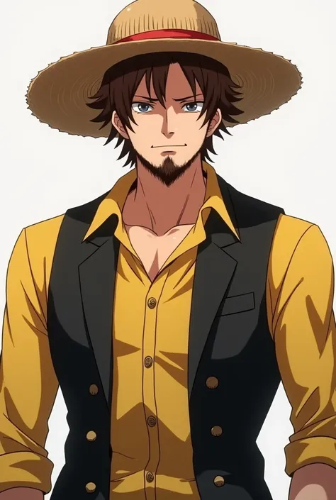  Create an image of an anime character with brown hair, a thin beard, Tall and strong, wearing a straw hat, a black vest and yellow shirt 