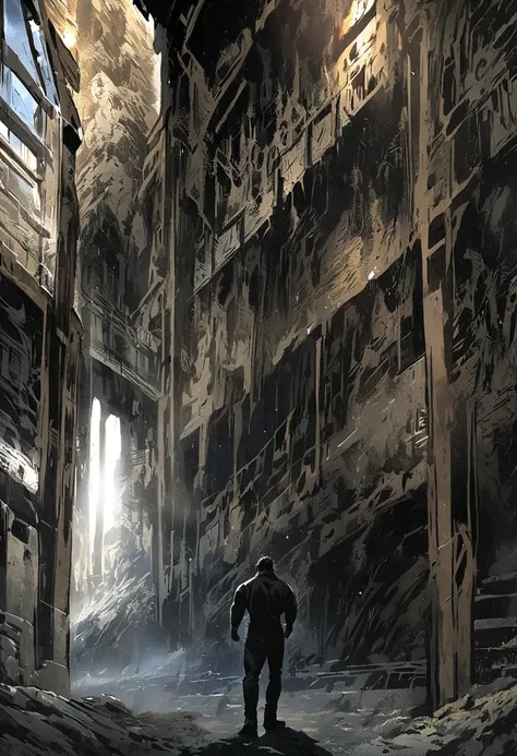 (A man, bearded, short hair, muscular) (the scene: the man is standing in a dark and bizarre place, the scene has the dynamic perspective, comic and manga framing style)