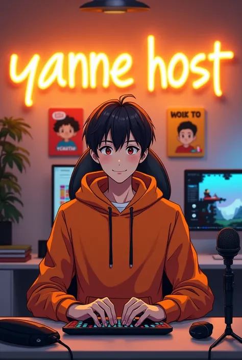 Create a anime  boy who have a a mature looking like a man facing in front he is YouTube content creator, sitting in his studio with futuristic gadgets, and there is mic near him wearing orange hoodie. smiling, and there is 2 posters of carton star in his ...