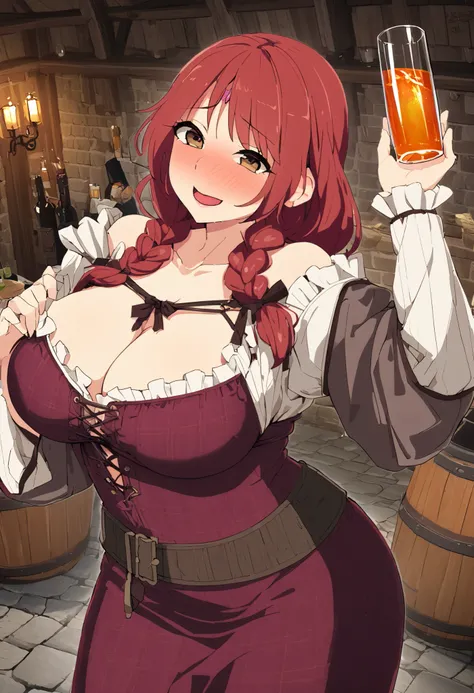 ( 1 woman 1 man ),attractive mature medieval peasant woman,  sexy underwear , breasts, straight red hair,  sensual look, brown eyes, in a tavern, inn, erotic, sensual, Milf, ecchi,  shy expression, medieval tavern, Smile shame,  perfect body, blush, shamel...