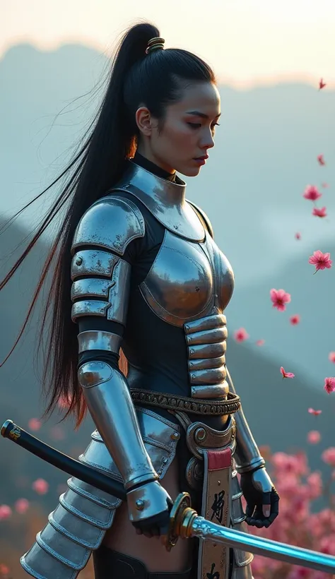 A futuristic samurai emerges in the soft, diffused light of a misty dawn in a Japanese mountain landscape. Her armor is designed in the Hajime Sorayama style: a set of highly polished silver chrome metallic undergarments, shimmering with iridescent colored...