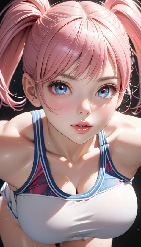 photorealistic, 1girl, beautiful detailed eyes, beautiful detailed lips, extremely detailed face and portrait, long eyelashes, athletic slim waist, stylish athletic body, pink hair twin tails, school gym uniform, bloomers, high school girl, gymnastics, dyn...