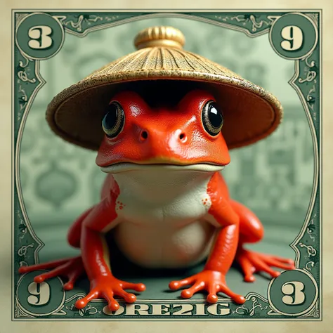 Create me a  $ 100 bill with an American with the face like president a red frog with a Chinese hat