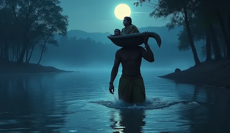 Vasudeva walking through the flooded Yamuna River at night, carrying baby Krishna in a basket on his head. A giant serpent (Sheshanaga) forms a protective hood over them, and the moonlight reflects on the water.