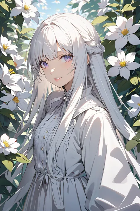 girl with long white hair,  flowers 