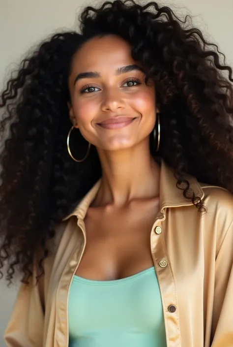 Close-up portrait of a young woman with incredibly voluminous, dark curly hair.  The subject is of Hispanic or Latinx descent, with a light complexion,  displaying a neutral expression and soft smile. She appears to be in her late teens or early twenties. ...