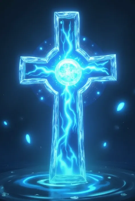 a close up of a cross with a blue and white light, a screenshot by Hirosada II, reddit, hurufiyya, orb of agamento, ghost sphere, sphere, the orb of truth, translucent sphere, mana flowing around it, glowing sphere, blue circular hologram, iridescence wate...