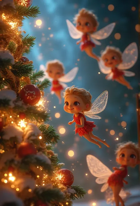 a whimsical cartoon fairy, 7 fairies with large heads, flying near christmas tree, looking at camera, magic pollen, christmas tree decorations, christmas garlands, swastikas as christmas decorations, colorful, glowing, joyful, fantastical, highly detailed,...