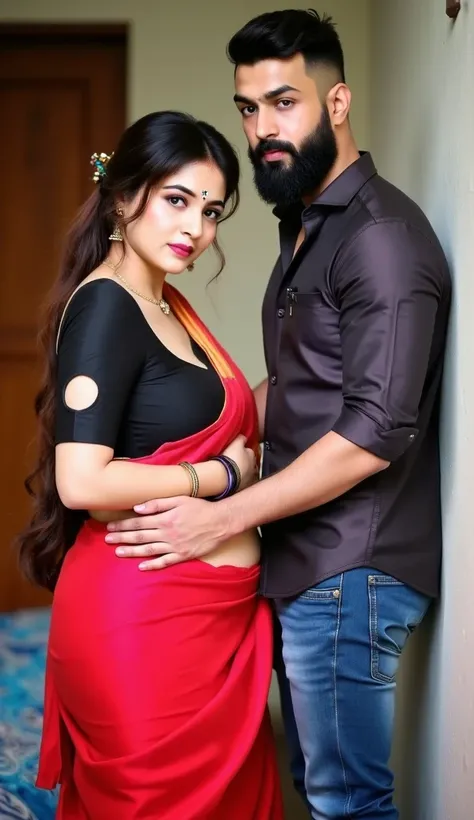 hot healthy south indian white curvy milf with long tied hair, big breast, simple small black dot bindhi, broad shoulder, big hip, big ass, thick thighs, woman wearing red color Georgette saree and  black color blouse(very big breast clevage), in indian mi...